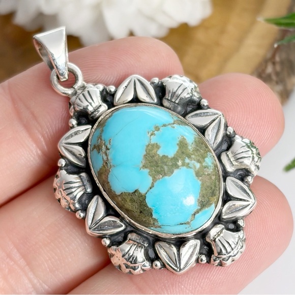 Pure Sterling Silver 925 Genuine Natural Turquoise Pendant Southwest Boho New - Picture 6 of 11